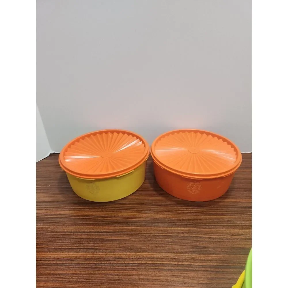 Lot 5 Vintage Tupperware Servalier Canisters 1204 Orange Yellow Green‎ 4 Lids